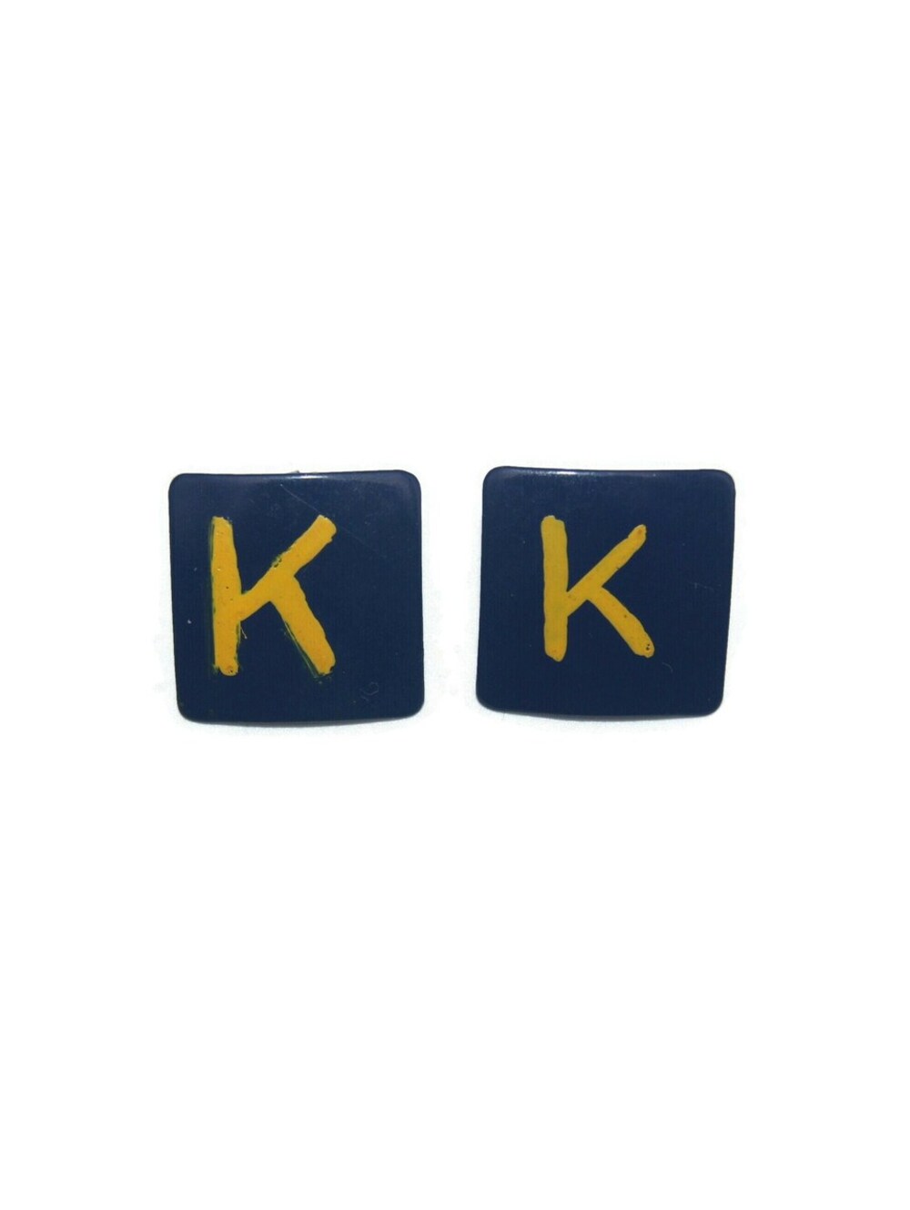 Vintage Handmade Square Blue and Yellow Enamel Letter "K" Stud Earrings.